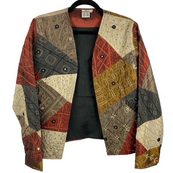 Parsley & Sage Autumn Fall Boho Patchwork Embroidered Open Front Jacket Medium - Picture 2 of 13